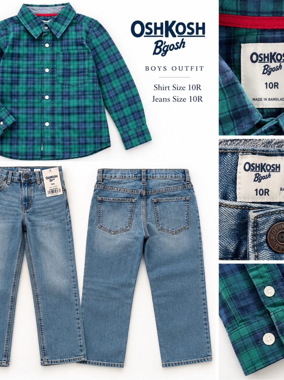 OshKosh B'gosh Green & Blue Plaid Button-Down Shirt & jeans 10 NWT